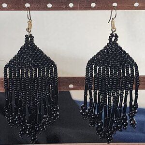 Coal Black Handmade Beaded Chandelier Shepard's Hook Earrings for Pierced Ears
